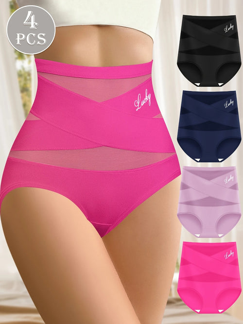 4PCS Plus-Size High-Waist Cross Tummy Control Panties