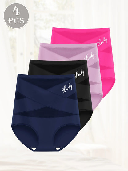 4PCS Plus-Size High-Waist Cross Tummy Control Panties
